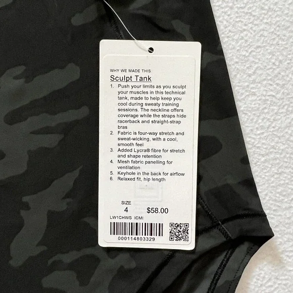 NWT Lululemon Women Incognito Camo Multi Gator Green Print Sculpt Tank Top 4 - Picture 2 of 7